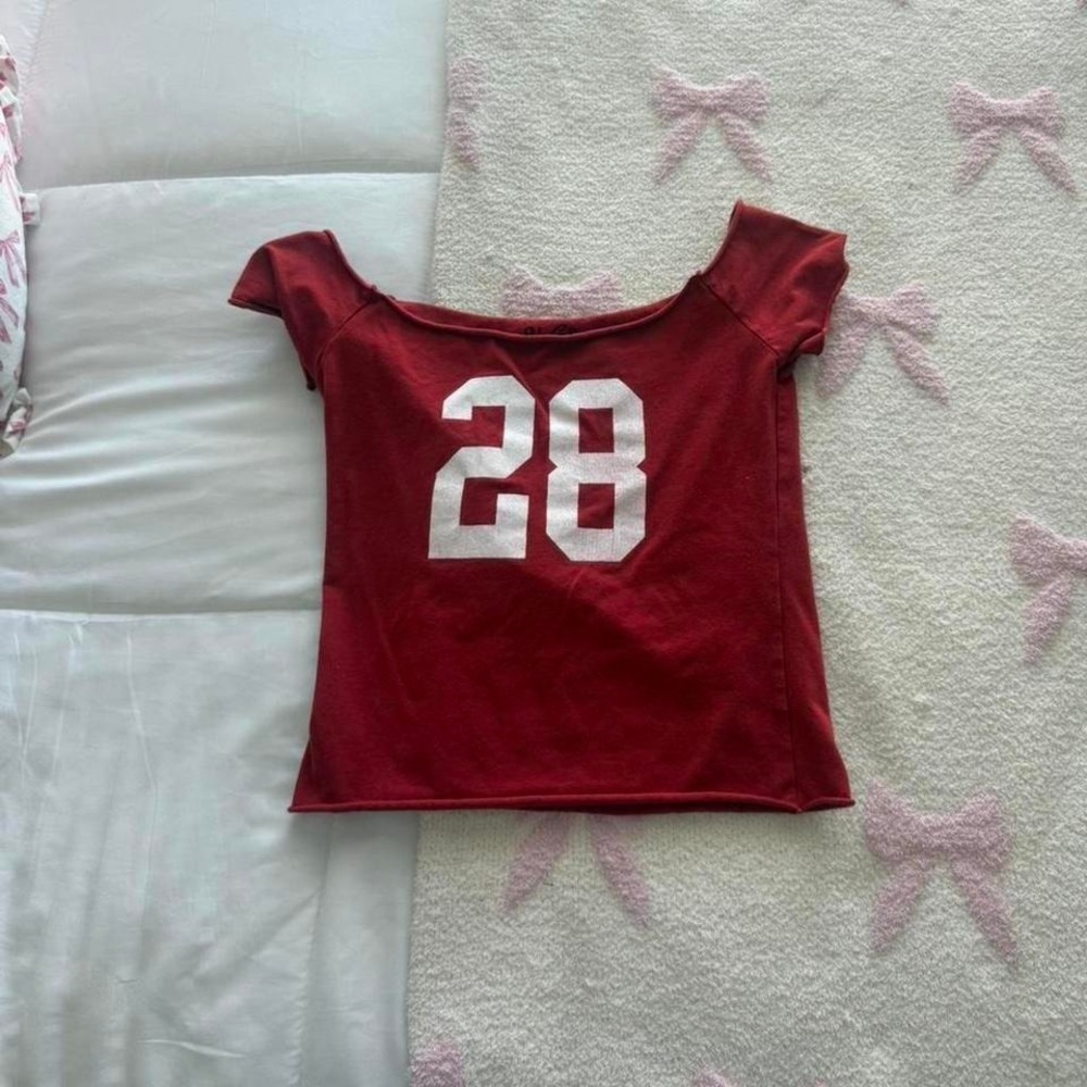 red brandy melville off the‎ shoulder graphic top
